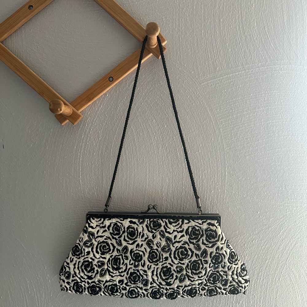 Elegant Lancôme Black and White Floral Beaded Clutch